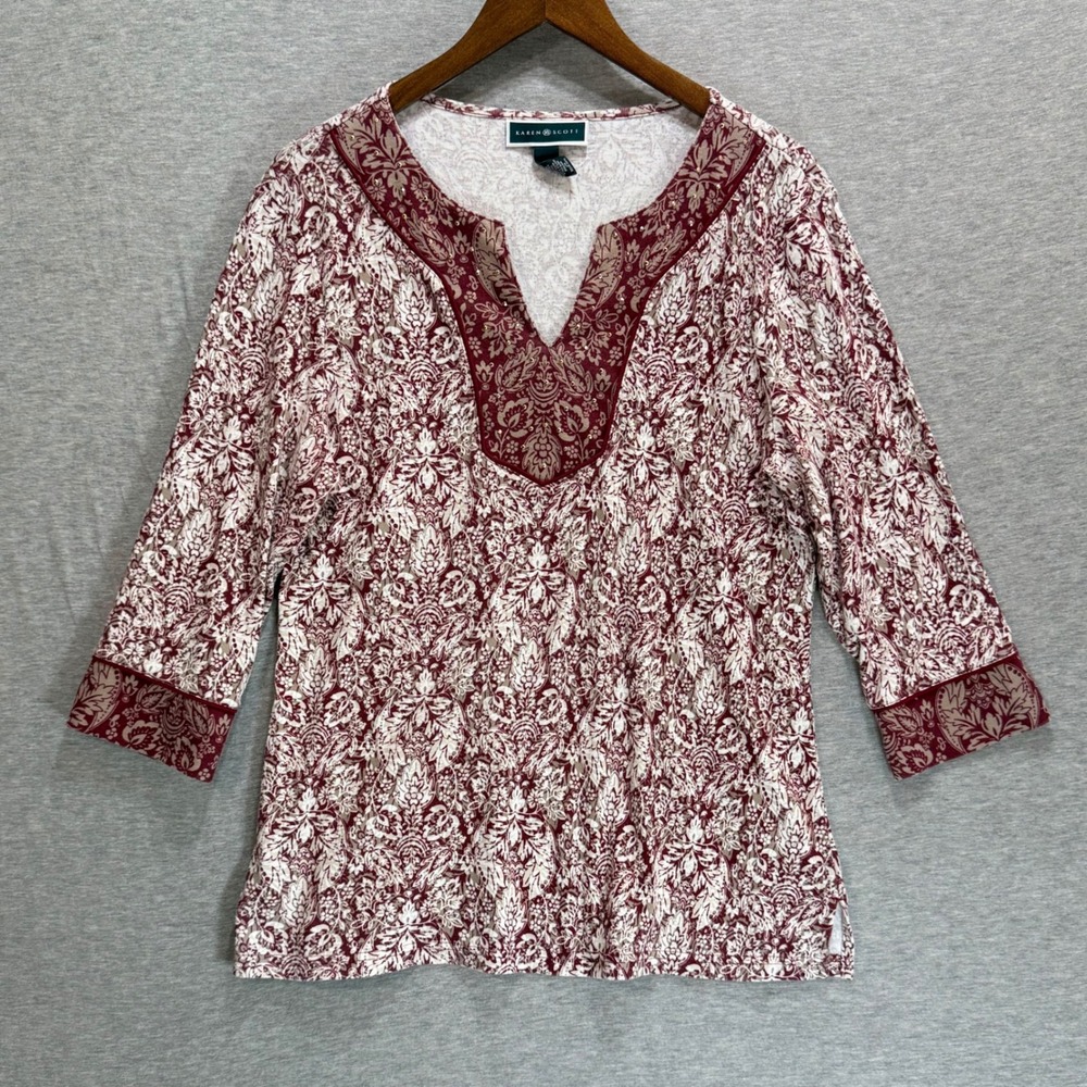 Karen Scott Damask Print Top Women L Burgundy 3/4 Sleeve Rhinestone V-Neck Boho